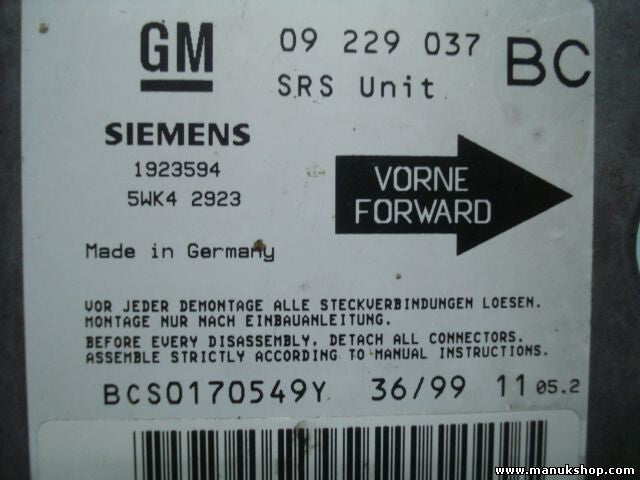 Airbagsensor Airbagsteuergerät Opel Astra G Zafira GM 09229037 BC 5WK42923