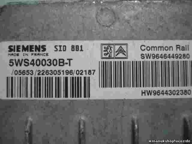 Motorsteuergerät  Peugeot 307 9646449280 9644302380 SW9646449280 5WS40030B-T