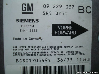 Airbagsensor Airbagsteuergerät Opel Astra G Zafira GM 09229037 BC 5WK42923