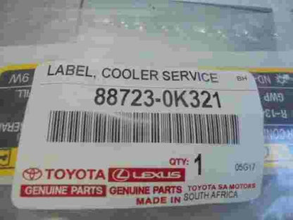 Label Cooler Service Toyota Lexus Hilux 887230K321 88723-0K321