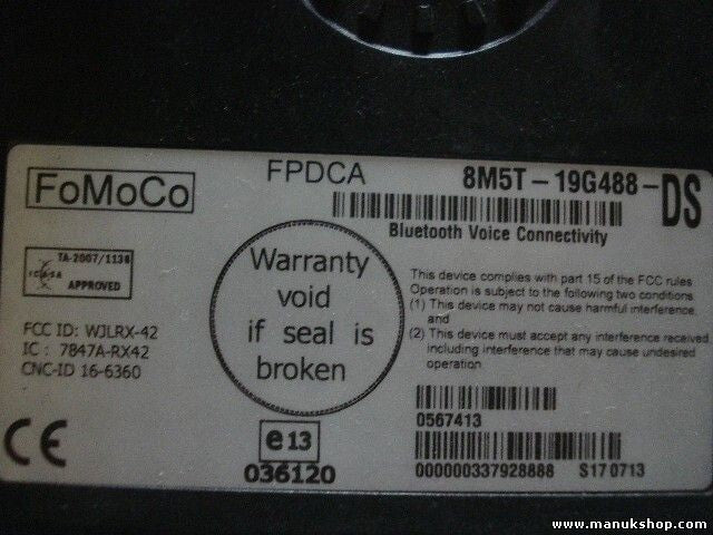Bluetooth Teléfono Transit 8M5T19G488DS FCC ID WJLPX-42 IC 7847A-RX42 CNC-ID